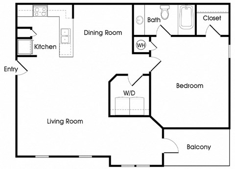 Floor plan for 1 bed, 1 bath, 850 sqft