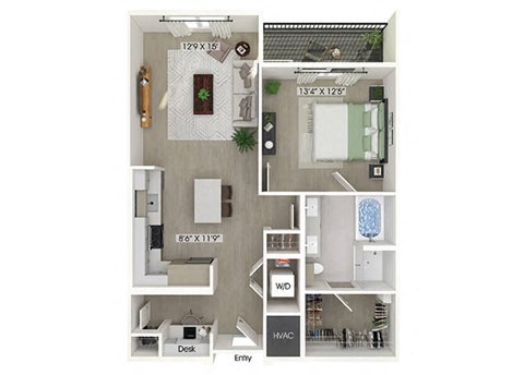 Floor plan for 1 bed, 1 bath, 871 sqft