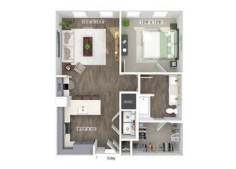 Floor plan for 1 bed, 1 bath, 836 sqft
