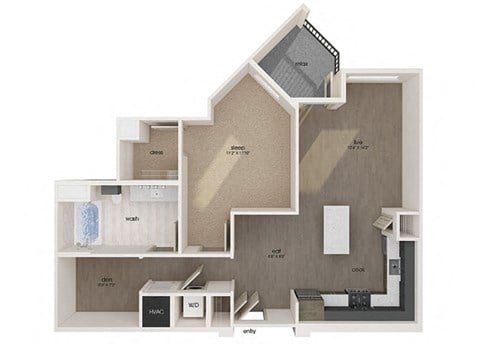 Floor plan for 1 bed, 1 bath, 871 sqft