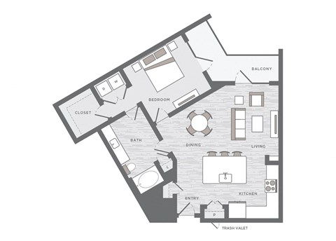 Floor plan for 1 bed, 1 bath, 886 sqft