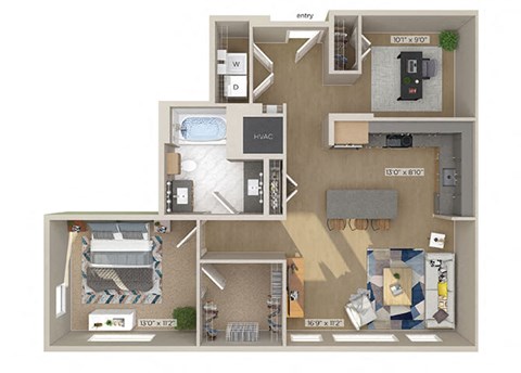 Floor plan for 1 bed, 1 bath, 877 sqft