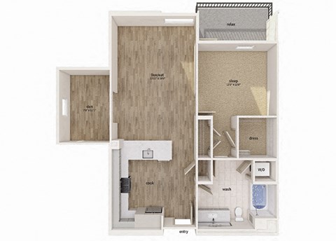 Floor plan for 1 bed, 1 bath, 921 sqft