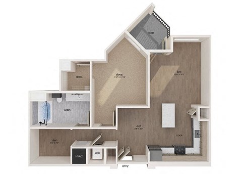 Floor plan for 1 bed, 1 bath, 871 sqft