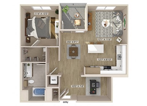 Floor plan for 1 bed, 1 bath, 881 sqft