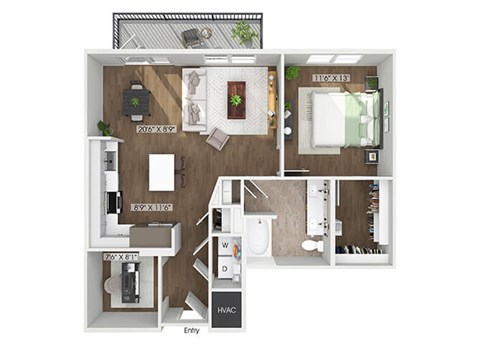 Floor plan for 1 bed, 1 bath, 901 sqft
