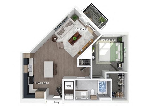 Floor plan for 1 bed, 1 bath, 687 sqft