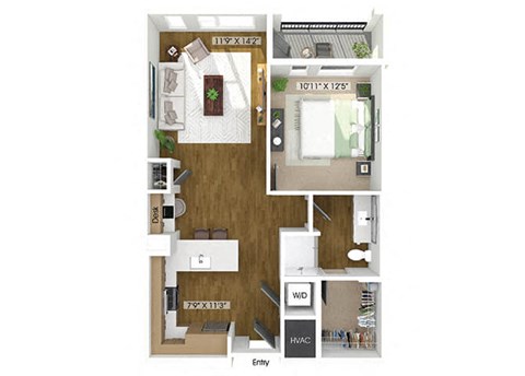 Floor plan for 1 bed, 1 bath, 777 sqft