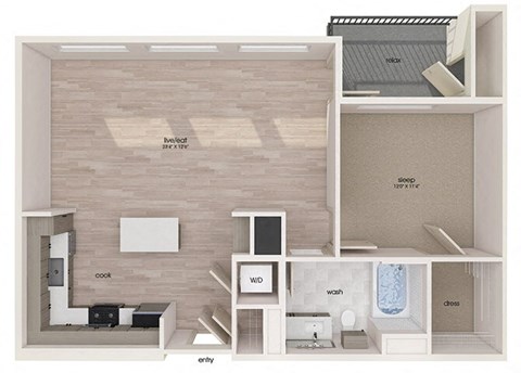 Floor plan for 1 bed, 1 bath, 815 sqft