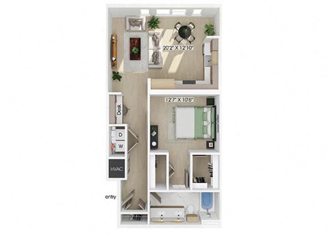 Floor plan for 1 bed, 1 bath, 832 sqft