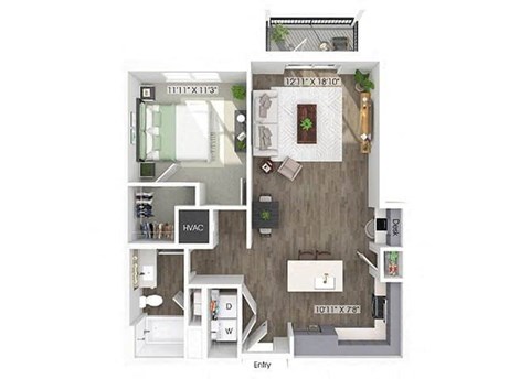 Floor plan for 1 bed, 1 bath, 838 sqft