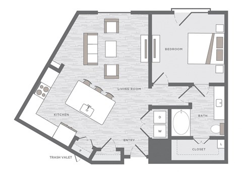 Floor plan for 1 bed, 1 bath, 914 sqft