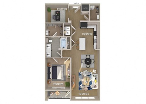 Floor plan for 1 bed, 1 bath, 998 sqft