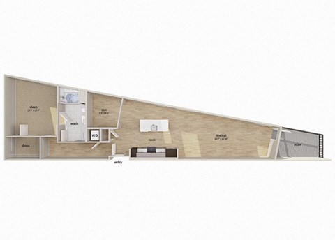 Floor plan for 1 bed, 1 bath, 1092 sqft