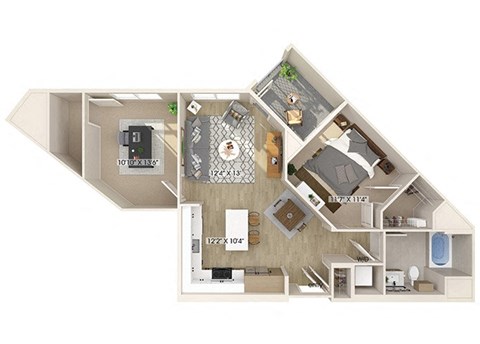 Floor plan for 1 bed, 1 bath, 892 sqft