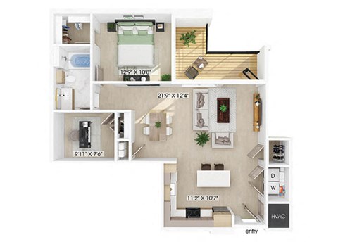 Floor plan for 1 bed, 1 bath, 947 sqft