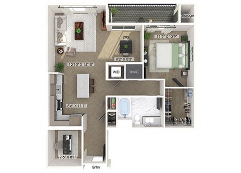 Floor plan for 1 bed, 1 bath, 958 sqft
