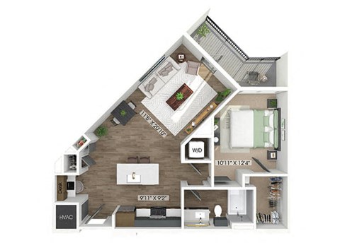 Floor plan for 1 bed, 1 bath, 776 sqft