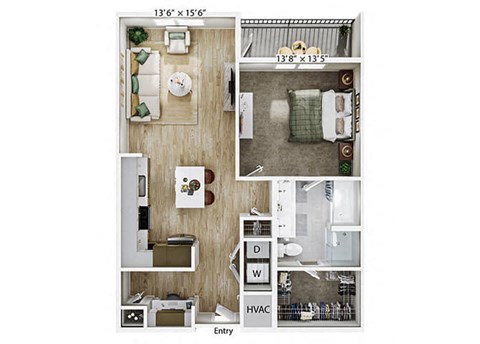 Floor plan for 1 bed, 1 bath, 875 sqft