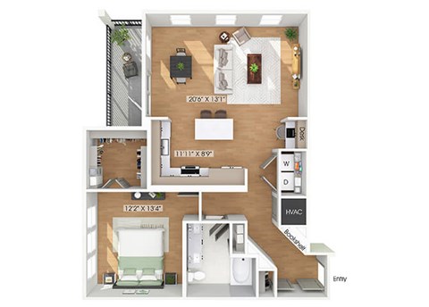 Floor plan for 1 bed, 1 bath, 986 sqft