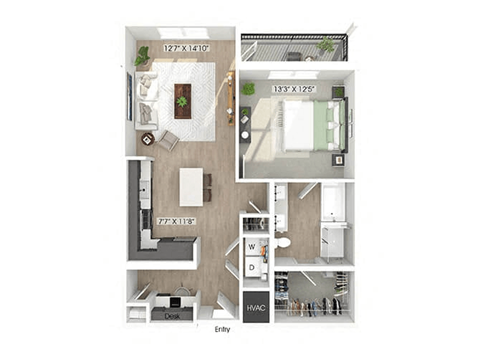 Floor plan for 1 bed, 1 bath, 875 sqft