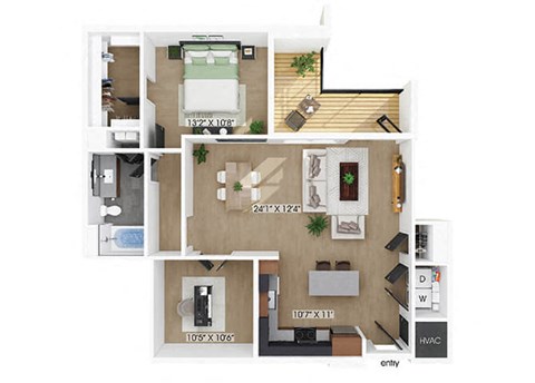 Floor plan for 1 bed, 1 bath, 1071 sqft