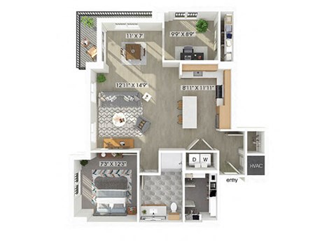 Floor plan for 1 bed, 1 bath, 1087 sqft