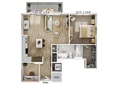 Floor plan for 1 bed, 1 bath, 880 sqft