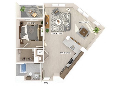 Floor plan for 1 bed, 1 bath, 893 sqft