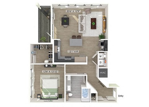 Floor plan for 1 bed, 1 bath, 980 sqft