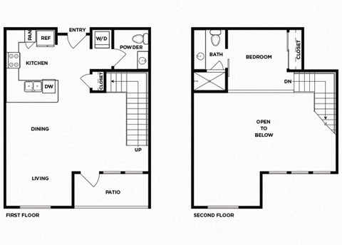 Floor plan for 1 bed, 1.5 baths, 788 sqft