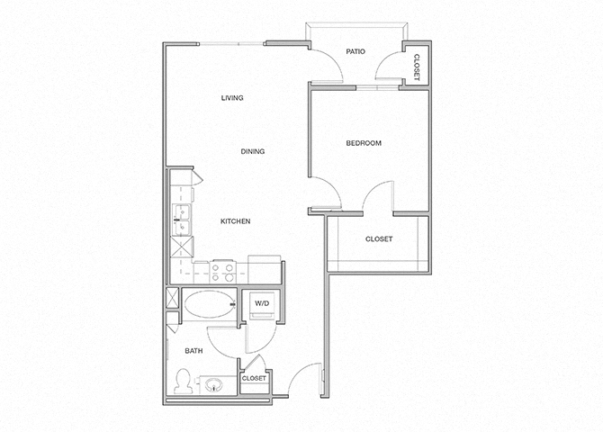 Floor plan for 1 bed, 1 bath, 697 sqft