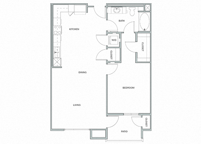 Floor plan for 1 bed, 1 bath, 876 sqft