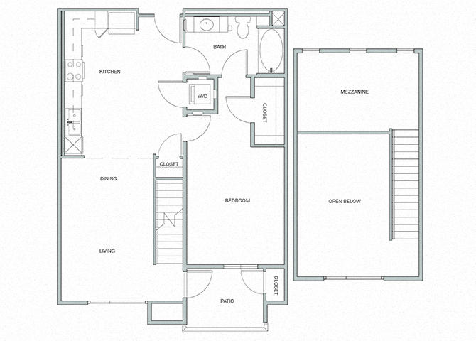 Floor plan for 1 bed, 1 bath, 943 sqft