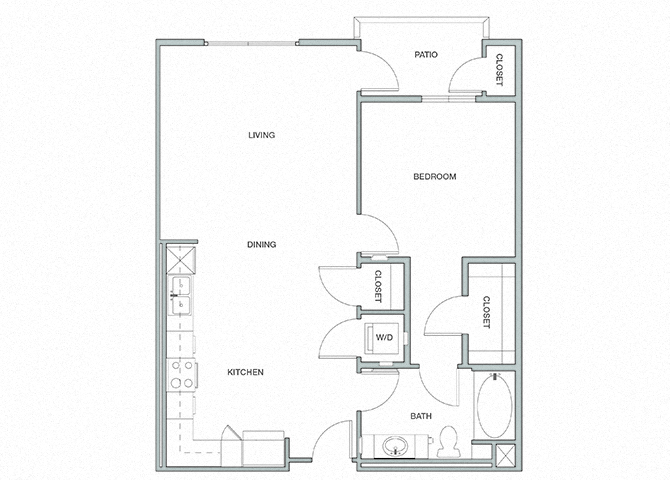 Floor plan for 1 bed, 1 bath, 810 sqft