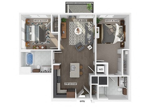 Floor plan for 2 beds, 2 baths, 1008 sqft