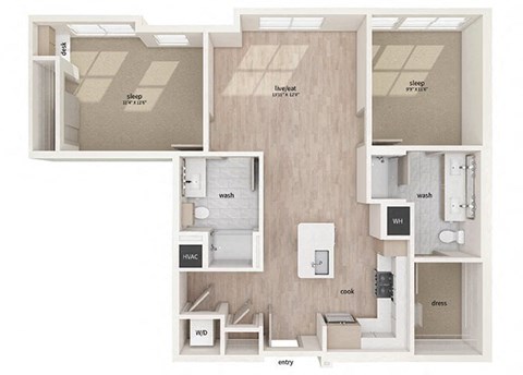 Floor plan for 2 beds, 2 baths, 1002 sqft