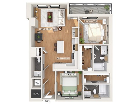 Floor plan for 2 beds, 2.5 baths, 1093 sqft