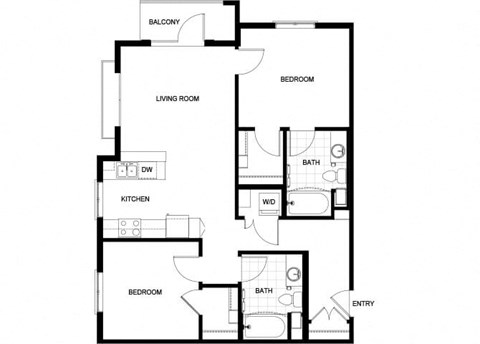 Floor plan for 2 beds, 2 baths, 980 sqft
