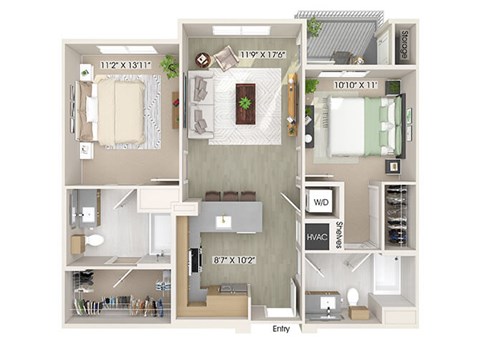 Floor plan for 2 beds, 2 baths, 987 sqft