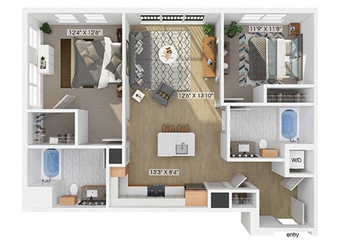 Floor plan for 2 beds, 2 baths, 1015 sqft