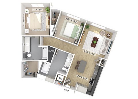 Floor plan for 2 beds, 2 baths, 1005 sqft