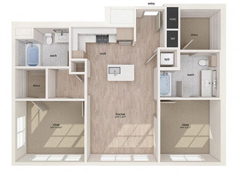 Floor plan for 2 beds, 2 baths, 1038 sqft