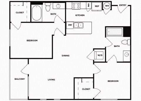 Floor plan for 2 beds, 2 baths, 974 sqft
