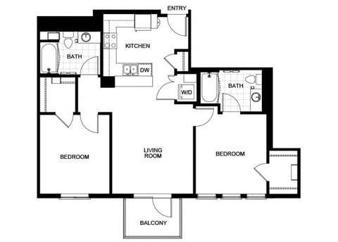 Floor plan for 2 beds, 2 baths, 989 sqft