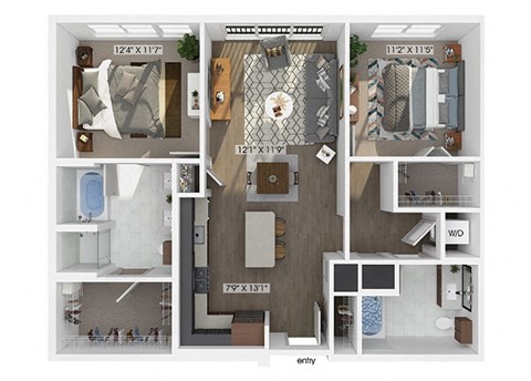 Floor plan for 2 beds, 2 baths, 1101 sqft