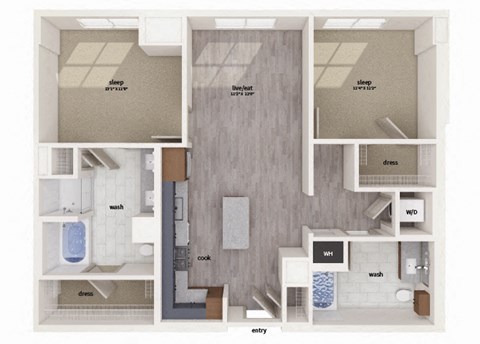 Floor plan for 2 beds, 2 baths, 1166 sqft