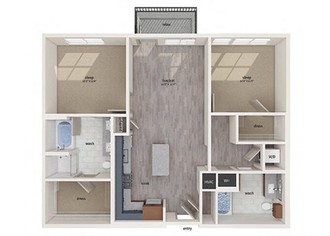 Floor plan for 2 beds, 2 baths, 1133 sqft