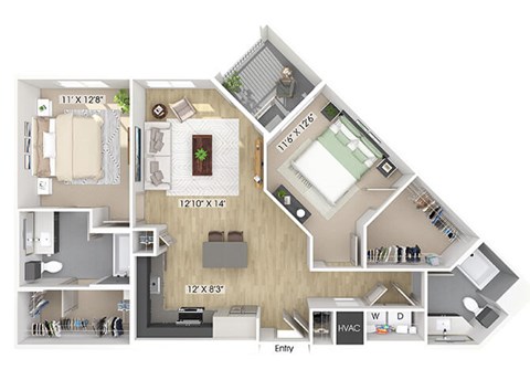 Floor plan for 2 beds, 2 baths, 1129 sqft