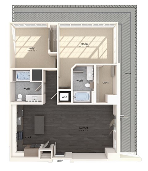 Floor plan for 2 beds, 2 baths, 1127 sqft